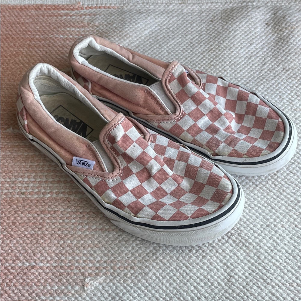 Vans Womens Pink and White Checkered Slip-On Sneakers